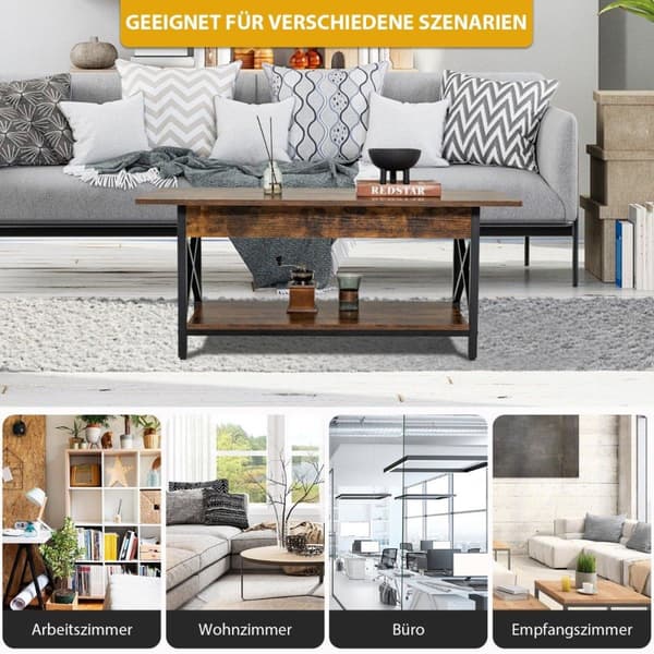 2-lags industrisalongbord med hylle og X-formet metallramme Brun