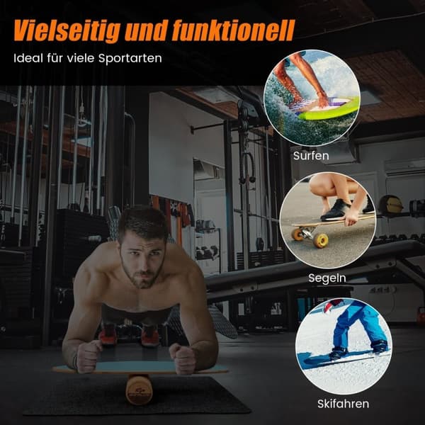 Træbalancebræt Wobble Board med hjul og tæppe 3-i-1 balancebrætsæt blå
