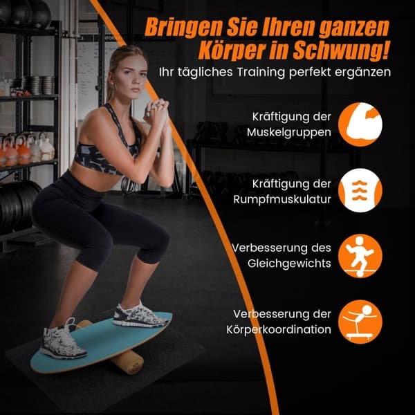 Træbalancebræt Wobble Board med hjul og tæppe 3-i-1 balancebrætsæt blå