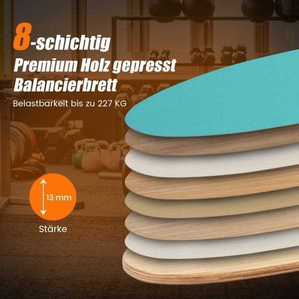 Træbalancebræt Wobble Board med hjul og tæppe 3-i-1 balancebrætsæt blå