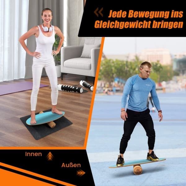 Træbalancebræt Wobble Board med hjul og tæppe 3-i-1 balancebrætsæt blå