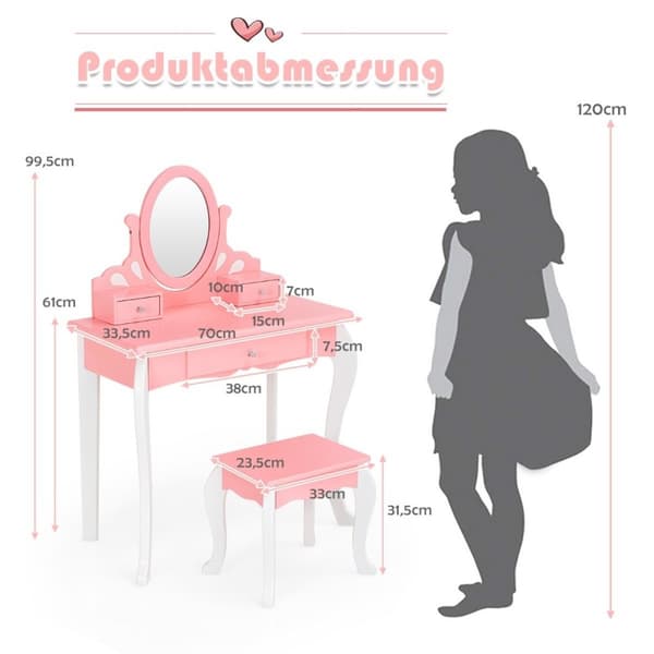 Sminkebord for barn med krakk Princess sminkebord med 3 skuffer & speilrosa