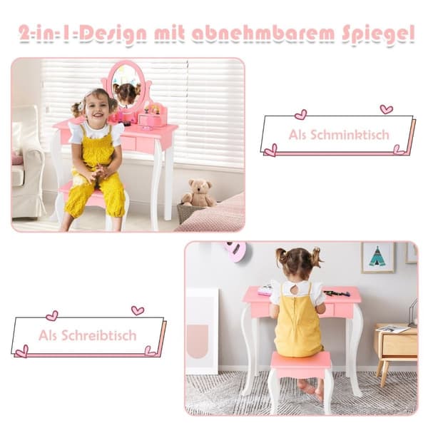 Sminkebord for barn med krakk Princess sminkebord med 3 skuffer & speilrosa