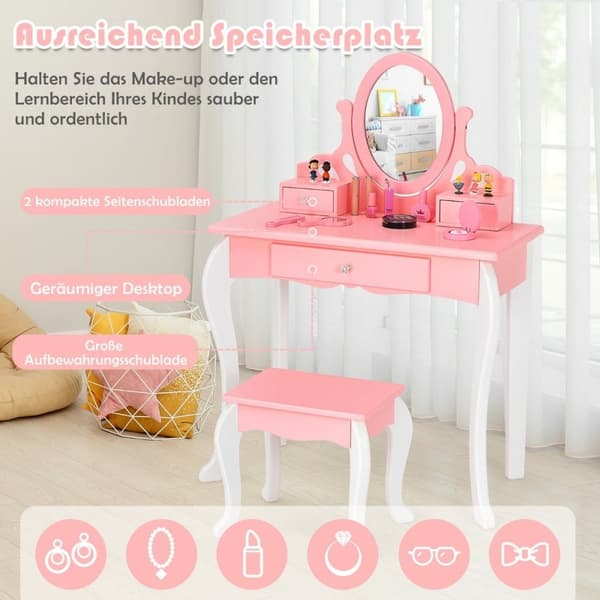 Sminkebord for barn med krakk Princess sminkebord med 3 skuffer & speilrosa