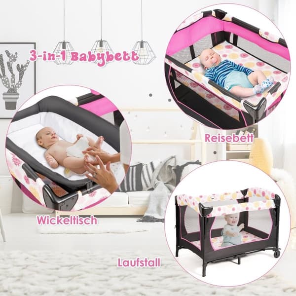 Babyseng 4 i 1 sammenklappelig rejseseng & sideseng & puslebord & kravlegård sort + pink