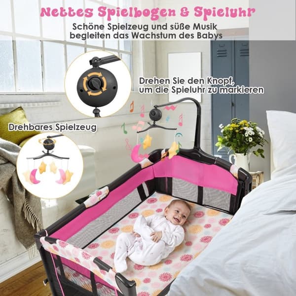 Babyseng 4 i 1 sammenklappelig rejseseng & sideseng & puslebord & kravlegård sort + pink