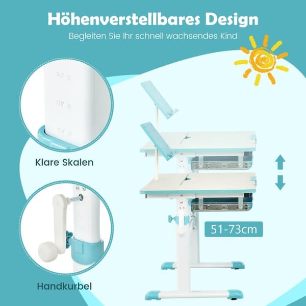 Høydejusterbart barnebordsett med vippbar bordplate og bokstativ (blått bord)