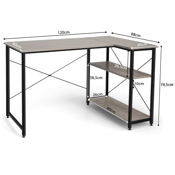 L-formet skrivebord hjørne computerbord med opbevaringsrum kontorbord 120 x 88 x 74,5 cm grå
