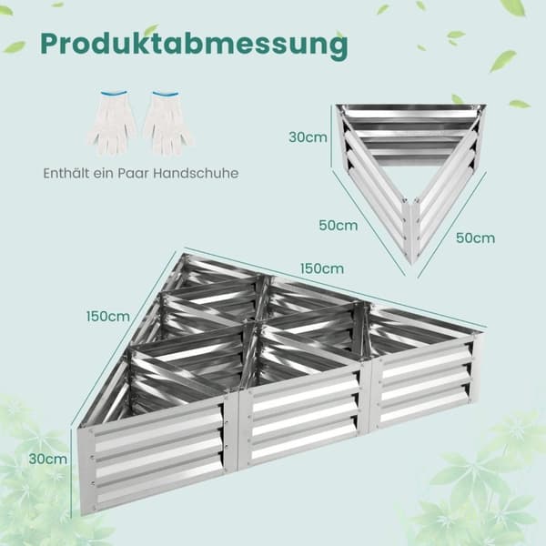6-delt plantekasse i metall for grønnsaker trekantet høybed 150 x 150 x 30 cm sølv