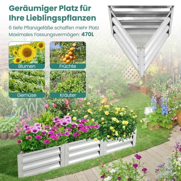 6-delt plantekasse i metall for grønnsaker trekantet høybed 150 x 150 x 30 cm sølv