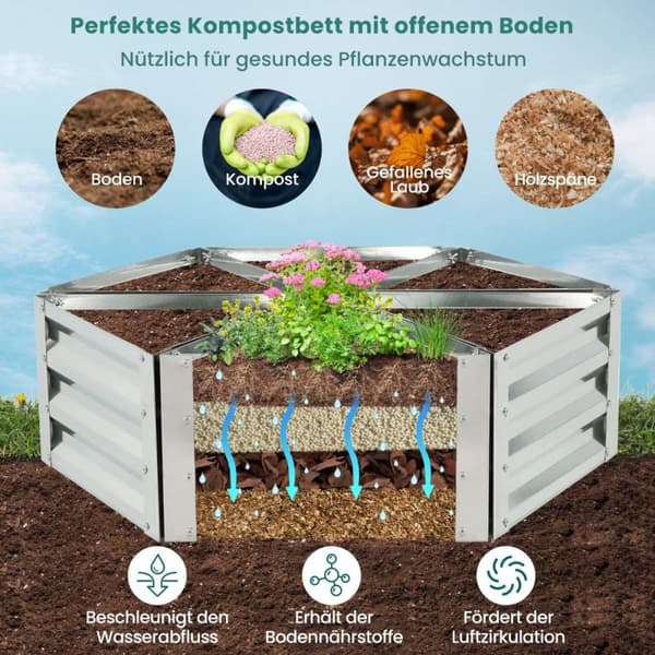 6-delt plantekasse i metall for grønnsaker trekantet høybed 150 x 150 x 30 cm sølv