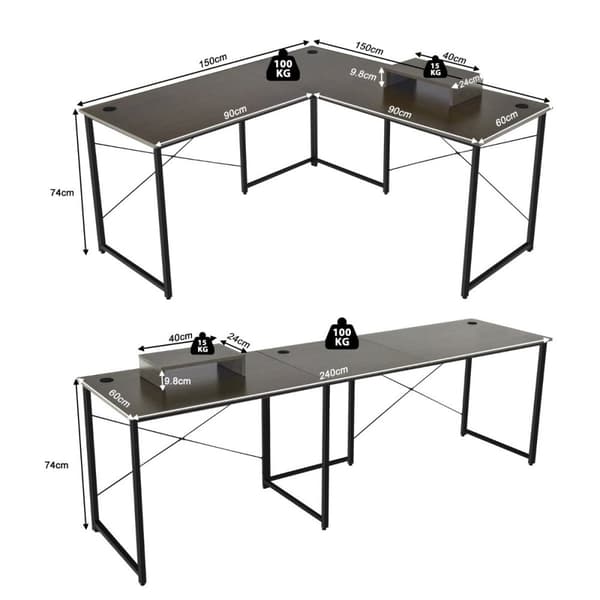 L-formet skrivebord med skærmstativ & 3 kabelhuller vendbart hjørnebord brun