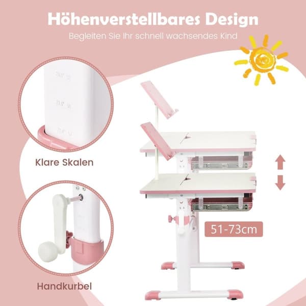 Barnepult 51-73 cm Høydejusterbart studentbord med vippbar bordplate (rosa bord)
