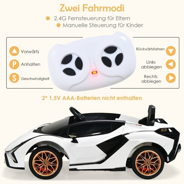 12V Lamborghini lasten sähköauto 2.4G kaukosäätimellä lastenauto 3-5km/h MP3 white