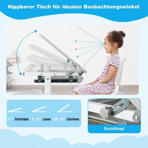 Höjdjusterbart barnbordsset med tippbar bordsskiva och låda med grå stol