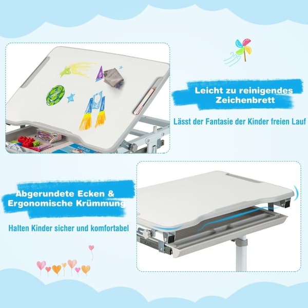 Höjdjusterbart barnbordsset med tippbar bordsskiva och låda med grå stol