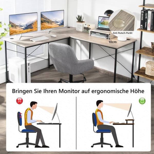 L-formet skrivebord med skærmstativ & 3 kabelhuller vendbart hjørnebord lysegrå