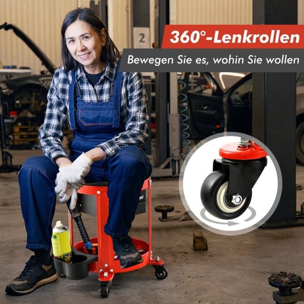 Værkstedsskammel 150 kg bæreevne Værkstedssæde med 2 skuffer & dåseholder