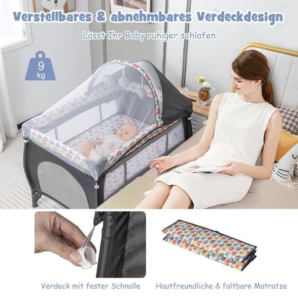 5 IN 1 Vauvansänky Kannettava sivusänky Matkasänky kokoontaitettavalla patjalla 102 cm x 72 cm x 74 cm Värikäs