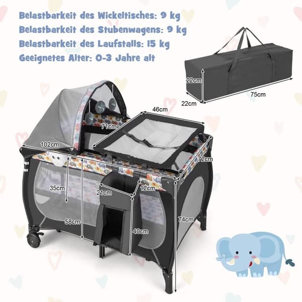 5 IN 1 Vauvansänky Kannettava sivusänky Matkasänky kokoontaitettavalla patjalla 102 cm x 72 cm x 74 cm Värikäs