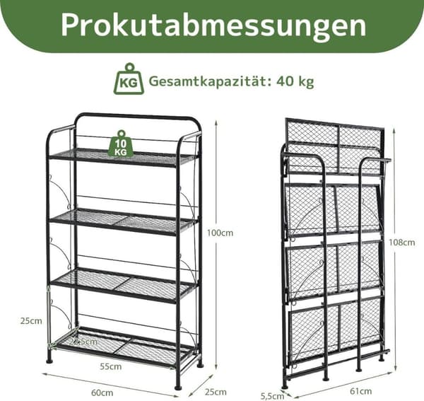 Sammenleggbart 4-lags plantestativ i metall med justerbar hylle kan holde opptil 40 kg