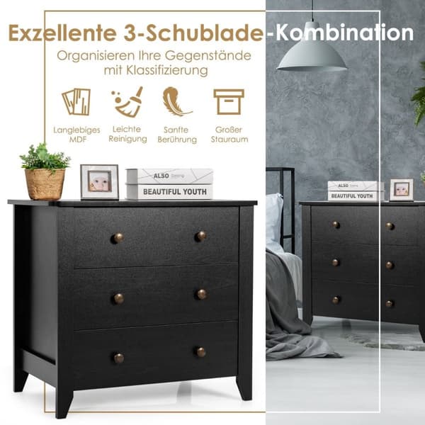 Sengebord med 3 skuffer sidebord med trægreb 71 x 46 x 66 cm sort