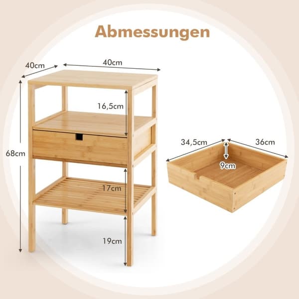 3-lags nattbord laget av bambus med skuff og lamellhylle sidebord naturlig
