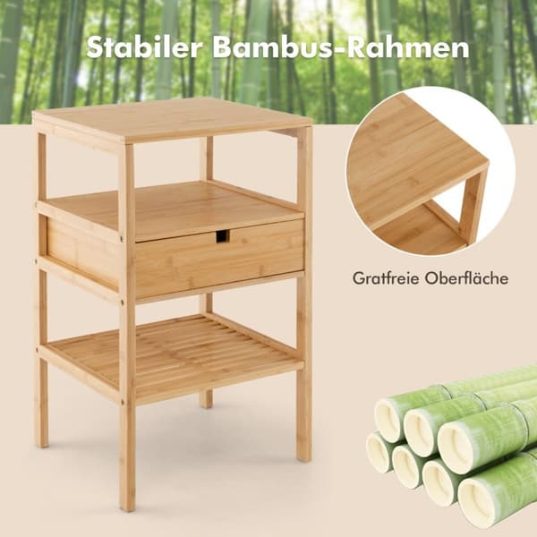 3-lags nattbord laget av bambus med skuff og lamellhylle sidebord naturlig