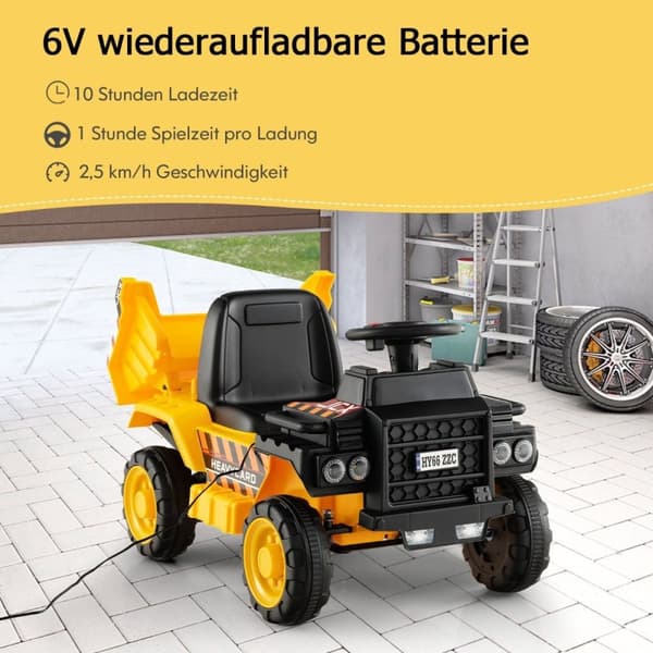 6V børnedumper med beskyttelseshjelm op til 2,5 km/t til børn fra 18 måneder gul