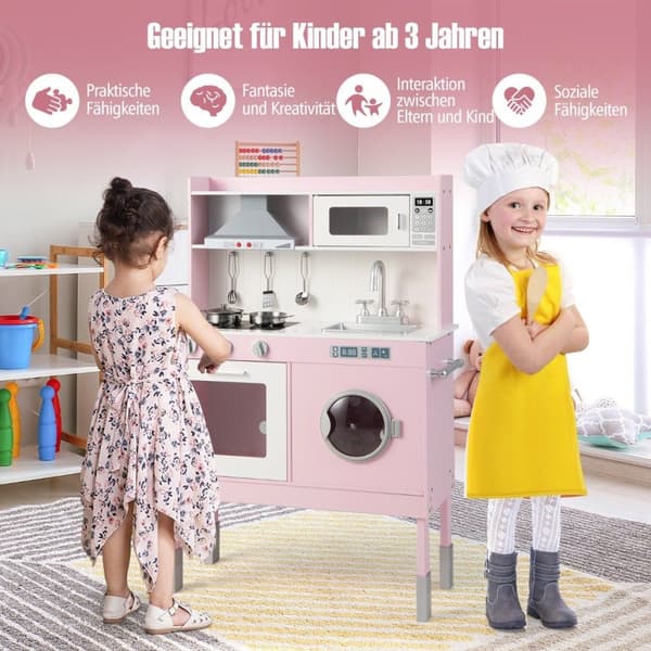 Barnekjøkken laget av tre med leketilbehør & lyder & lys rosa