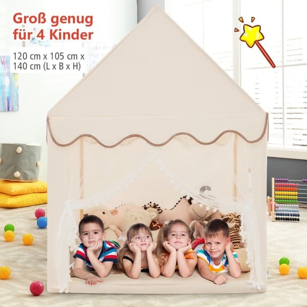 Lekehus for barn med ramme i heltre og bomullsteppe barnetelt beige
