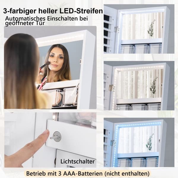 Korukaappi peilillä ja 3-värisellä LED-valolla 41,5 x 37 x 157 cm valkoinen