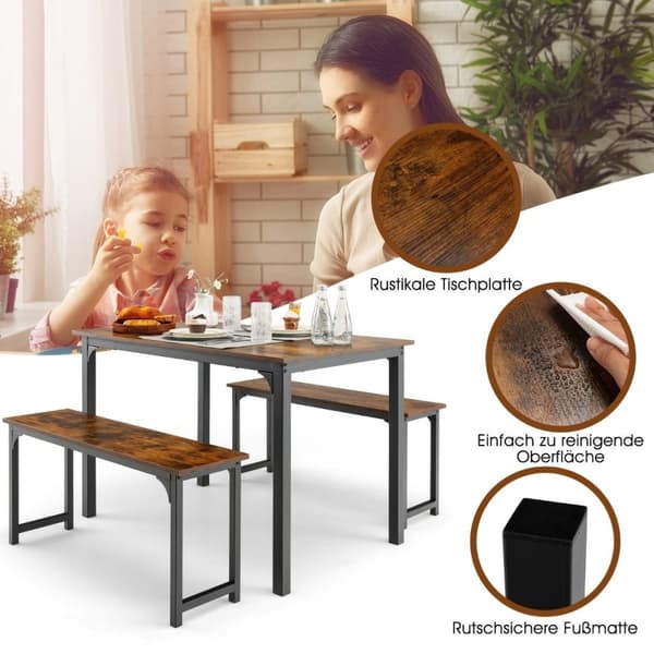 Spisebord med 2 benker Spisegruppesett à 3 stk 110 x 70 cm Kjøkkenbord for 4 personer Kaffe + svart