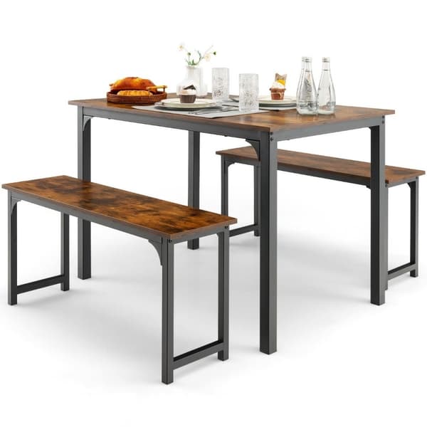 Spisebord med 2 benker Spisegruppesett à 3 stk 110 x 70 cm Kjøkkenbord for 4 personer Kaffe + svart