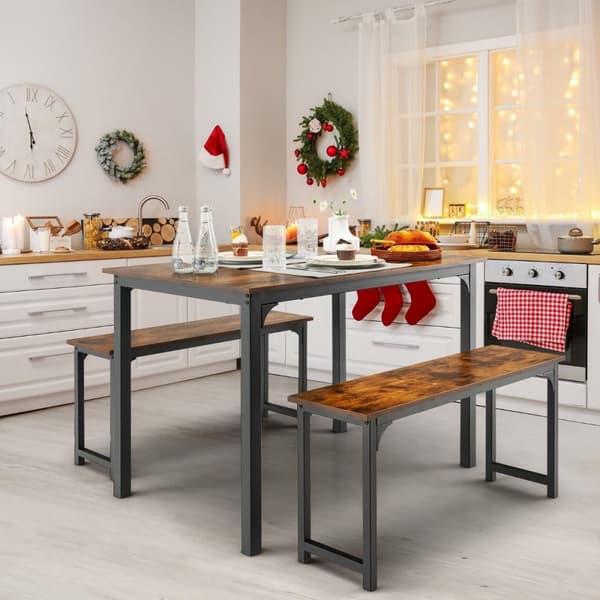 Spisebord med 2 benker Spisegruppesett à 3 stk 110 x 70 cm Kjøkkenbord for 4 personer Kaffe + svart
