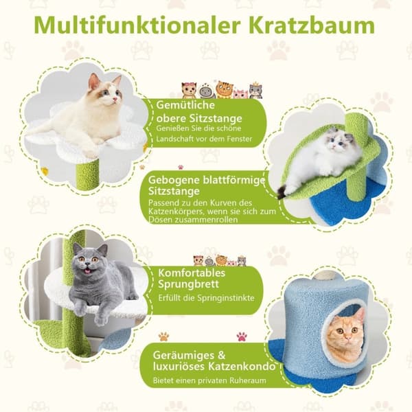 Liten skrapstolpe med blomformad sits & 2 bollar & lövformat klättertorn grönt + blått