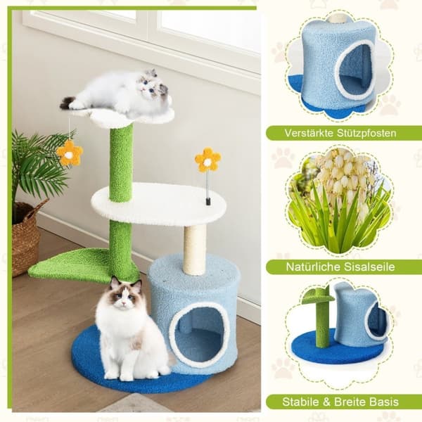 Liten skrapstolpe med blomformad sits & 2 bollar & lövformat klättertorn grönt + blått