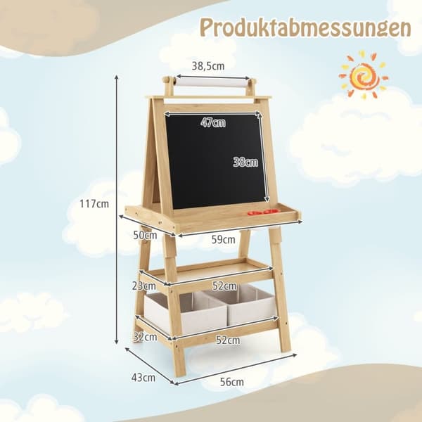 3 i 1 børnestaffel dobbeltsidet tavle & tavle & tegnepapir Natural
