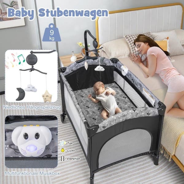 3 I 1 sideseng sammenleggbar reiseseng med hengende madrass 102 x 72 x 74 cm grå