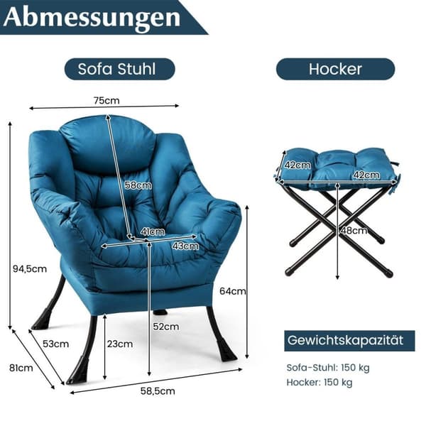 Lenestol med krakk & armlener & sidelomme & fotstøtte avslapningsstol vingestol blå