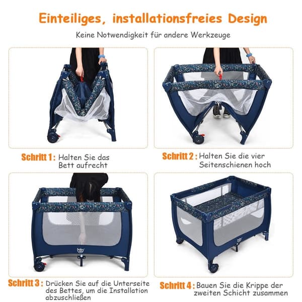 2 i 1 reiseseng og lekegrind sammenleggbar barneseng 125 x 65 x 76 cm blå