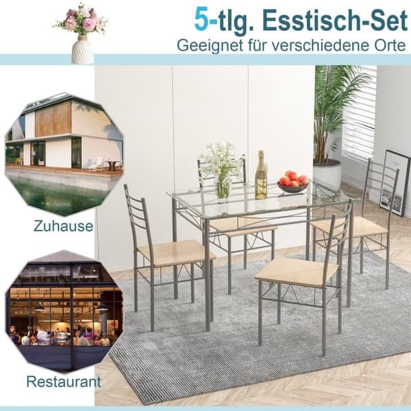 5-delers spisestuesett rektangulært glass spisebord med 4 stoler og rustsikker metallramme