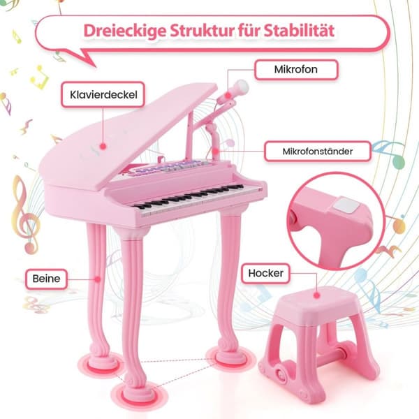 Børnetastatur med 37 tangenter og skammel Elektronisk klavertastatur 47 x 37 x 70 cm Pink