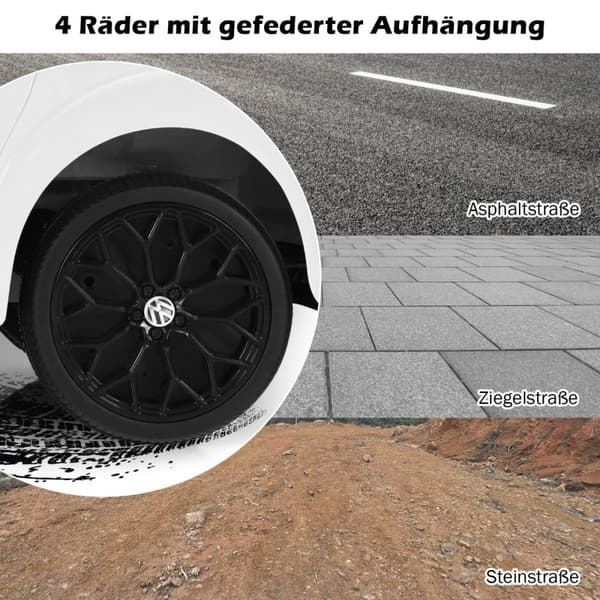 VW Beetle barnebil med musikk og 2 lysmoduser inkludert 2,4G fjernkontroll hvit
