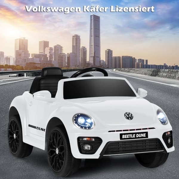 VW Beetle barnebil med musikk og 2 lysmoduser inkludert 2,4G fjernkontroll hvit