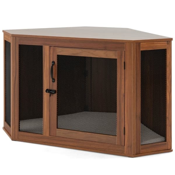 Hjørne kæledyrsbur Hundekennel endebord med netdør og pude 114 x 59 x 67 cm Brun