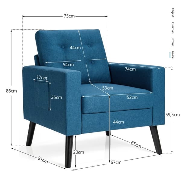 Lenestol med 2 sidelommer vingestol med armlener og ryggputer 75 x 81 x 86 cm blå 53cm setedybde