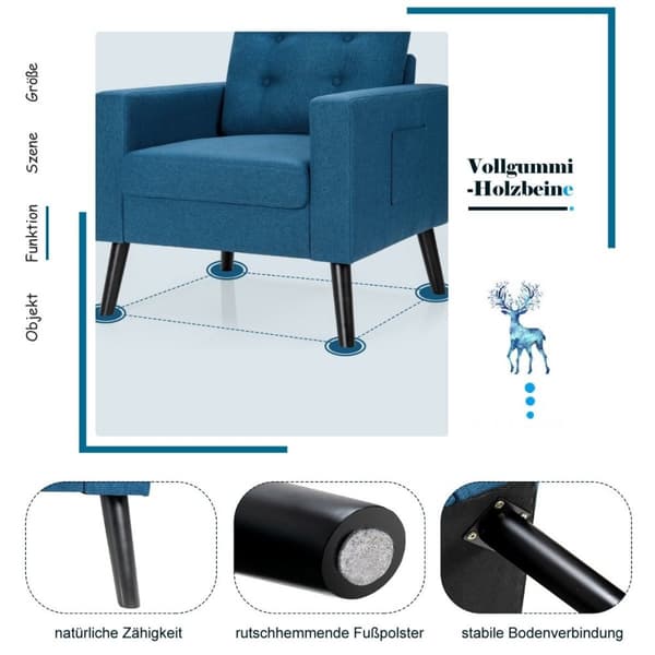 Lenestol med 2 sidelommer vingestol med armlener og ryggputer 75 x 81 x 86 cm blå 53cm setedybde