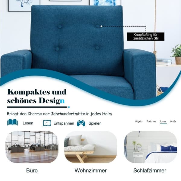 Lenestol med 2 sidelommer vingestol med armlener og ryggputer 75 x 81 x 86 cm blå 53cm setedybde