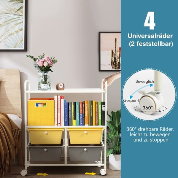 Vogn med 4 stablebare skuffer & metallramme & oppbevaringsområder rullebeholder gul